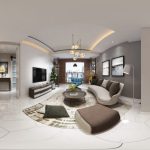 Ảnh 360 phòng khách căn hộ mẫu nối liền bếp và bàn ăn, dạng panorama dùng trong virtual tour căn hộ mẫu