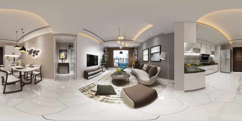 Ảnh 360 phòng khách căn hộ mẫu nối liền bếp và bàn ăn, dạng panorama dùng trong virtual tour căn hộ mẫu