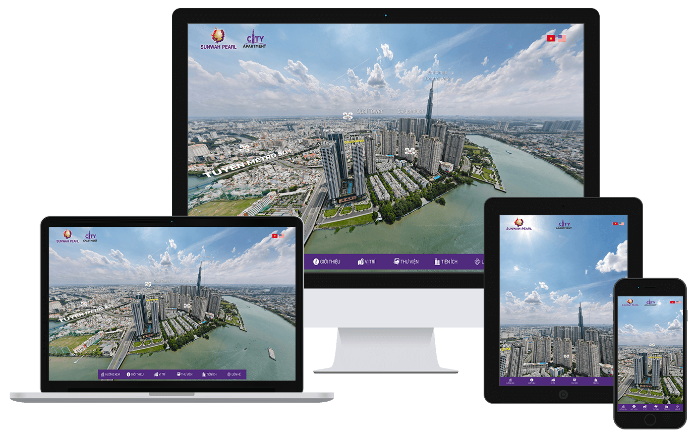 Tour 360 dự án Sunwah Pearl do 360VR thực hiện, giao diện theo nhận diện chủ đầu tư trên máy tính, tablet, điện thoại