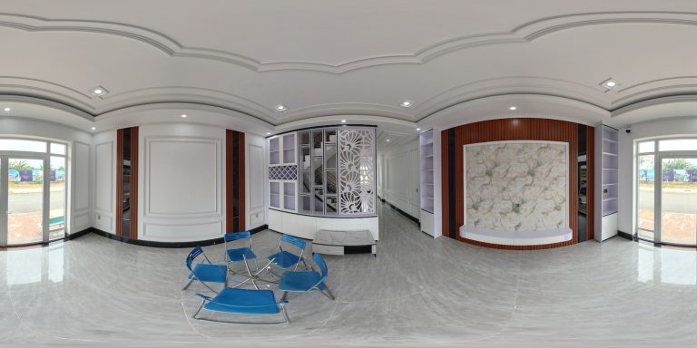 Ảnh panorama 360 phòng khách nhà mẫu ở dạng equirectangular 2:1, trần và sàn cong như vòm