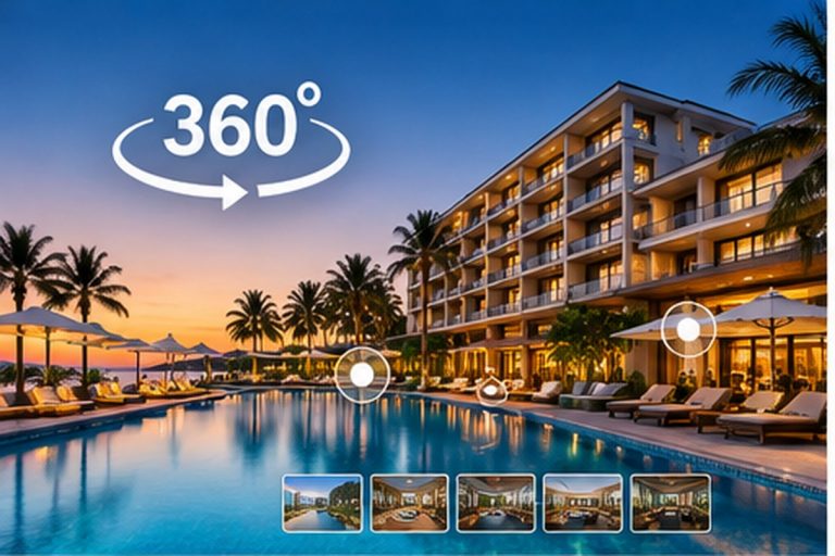 Resort hồ bơi lúc hoàng hôn trong tour 360° với điểm chuyển cảnh