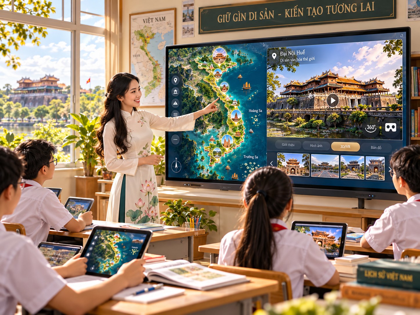 Giáo viên và học sinh trải nghiệm tìm hiểu lịch sử địa phương trực quan qua bản đồ số VR360 trong lớp học