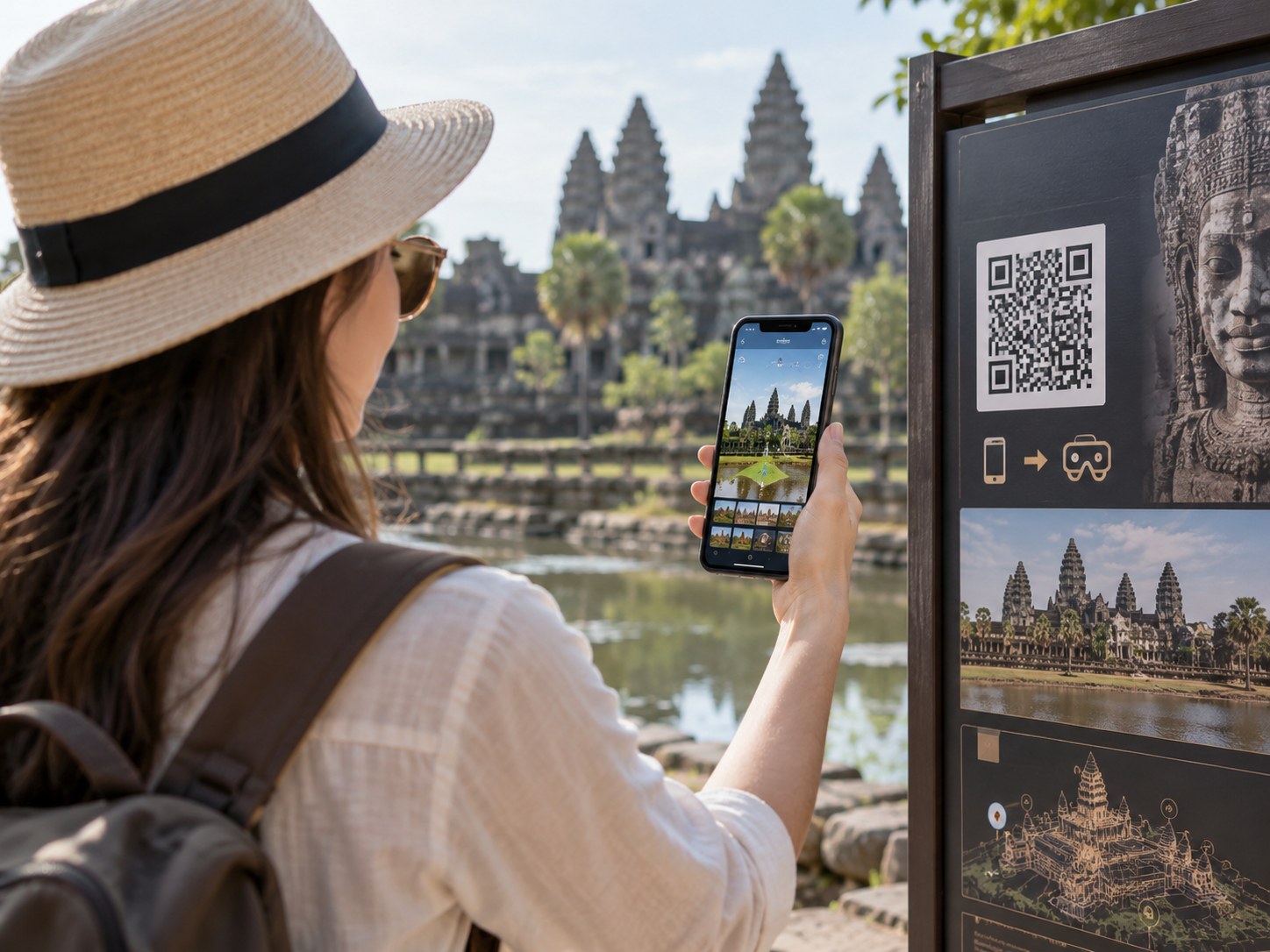 Du khách quét mã QR tại bảng chỉ dẫn điểm đến để trải nghiệm thuyết minh và không gian số 360 độ