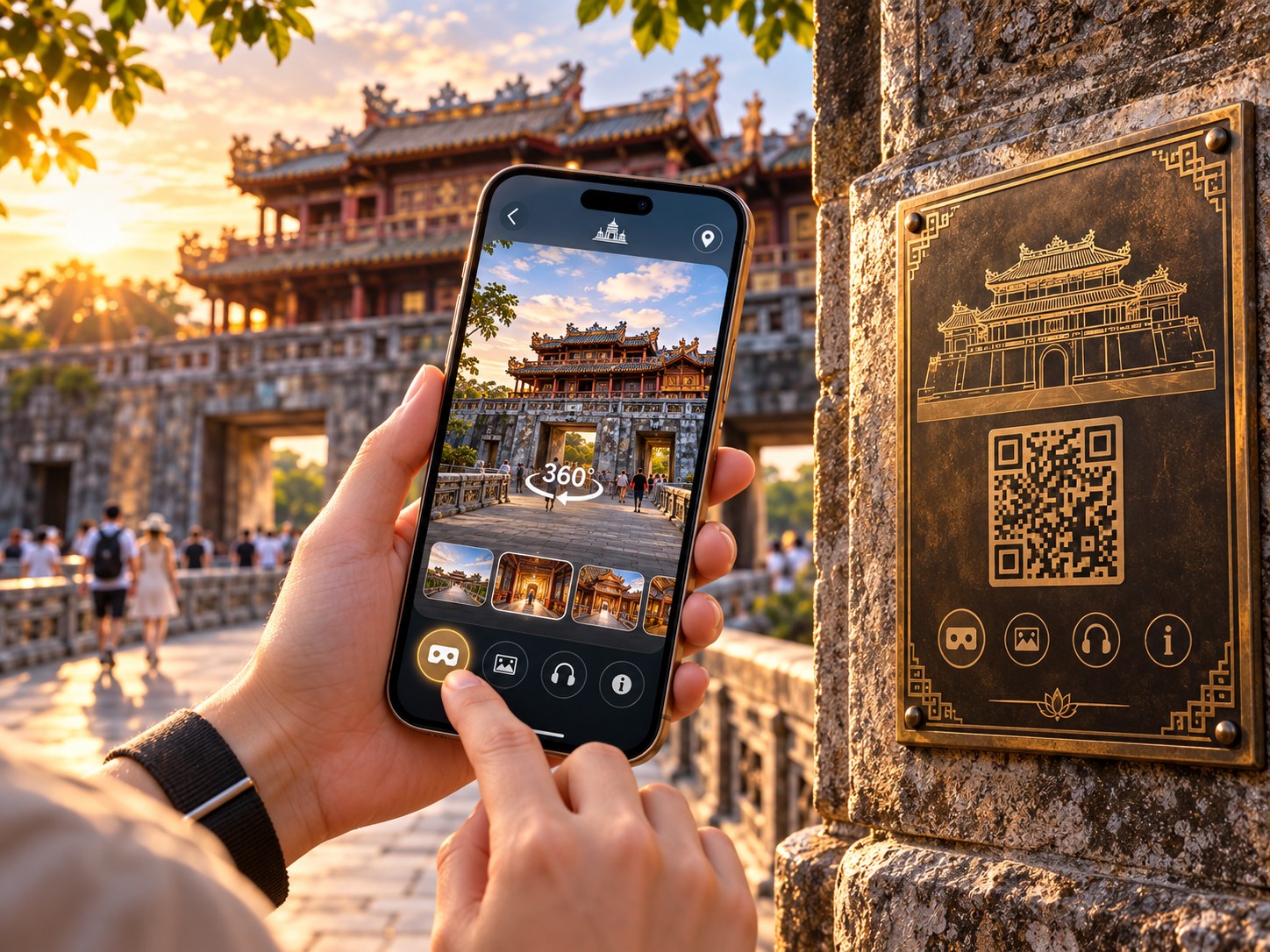 Khách tham quan quét mã QR tại điểm di tích để mở Virtual Tour VR360 và nghe audio thuyết minh tự động trên smartphone
