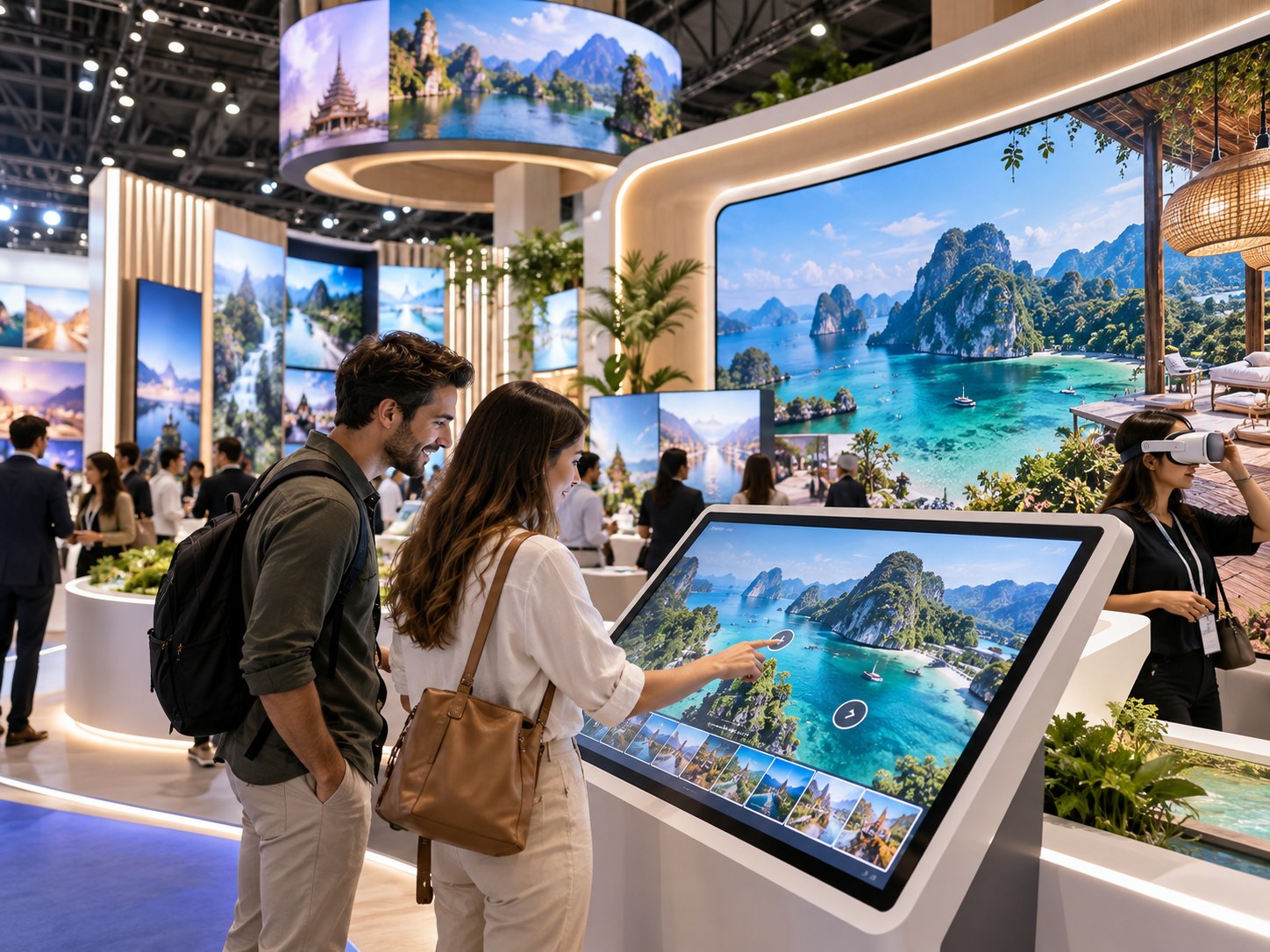 Khách tham quan trải nghiệm VR Tour du lịch tương tác trực tiếp trên màn hình kiosk tại hội chợ xúc tiến