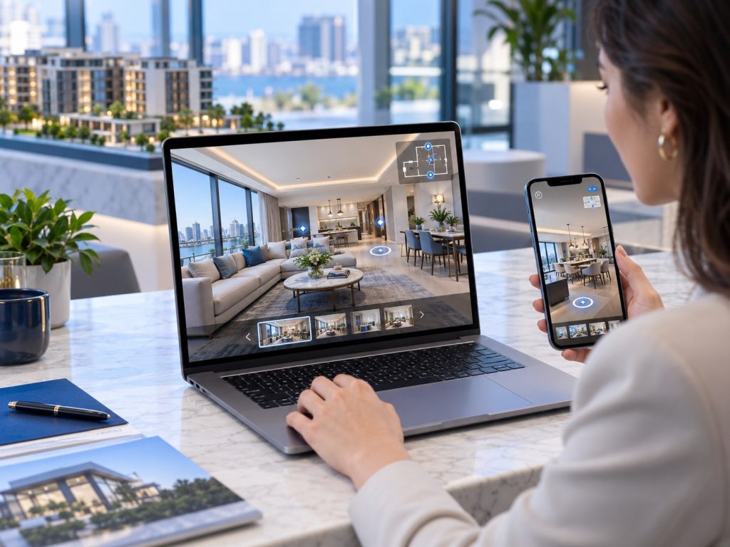Khách xem VR tour bất động sản căn hộ mẫu trên laptop và điện thoại, có mini-map mặt bằng và hotspot