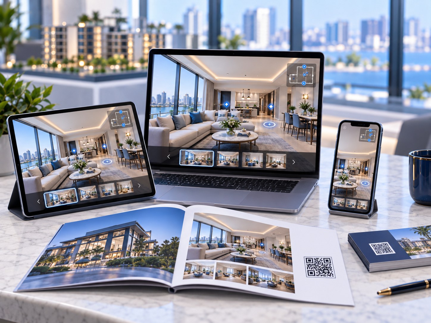 Trải nghiệm VR Tour bất động sản hiển thị đồng bộ trên laptop, tablet, điện thoại và brochure tích hợp mã QR