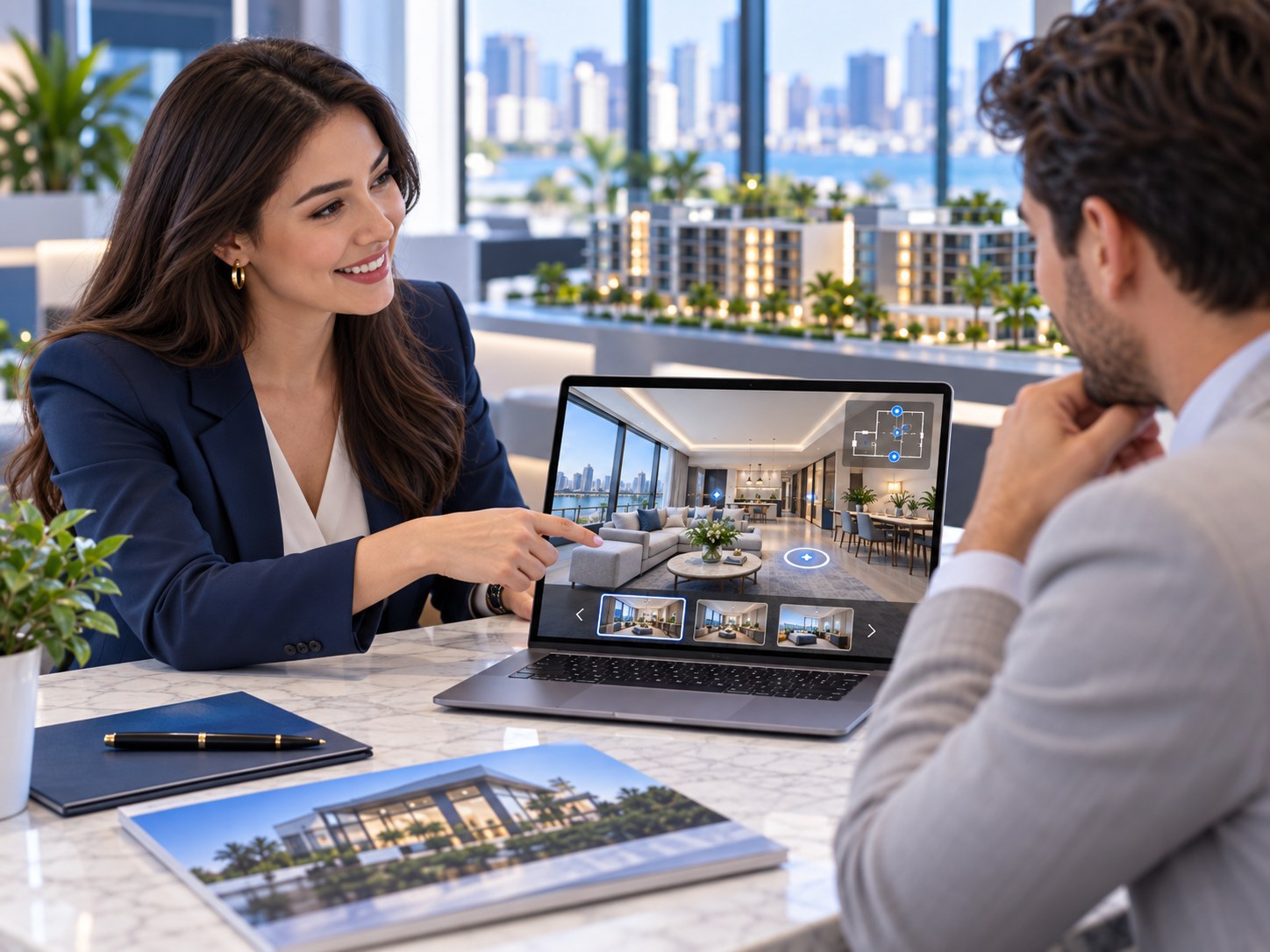 Chuyên viên tư vấn bất động sản sử dụng Virtual Tour giới thiệu chi tiết không gian và tiện ích dự án cho khách hàng