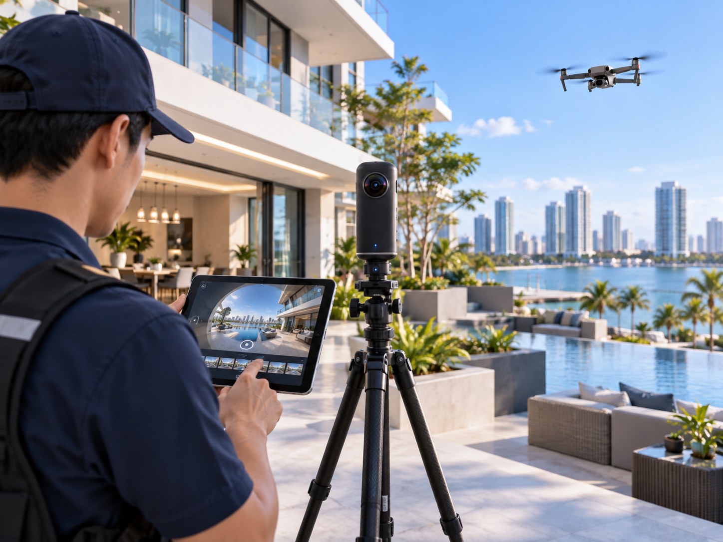 Kỹ thuật viên 360VR thực hiện chụp panorama 360 và flycam khảo sát dự án bất động sản thực địa