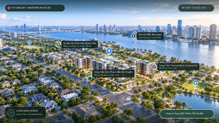 Flycam 360° masterplan dự án bất động sản ven sông với nhãn tiện ích
