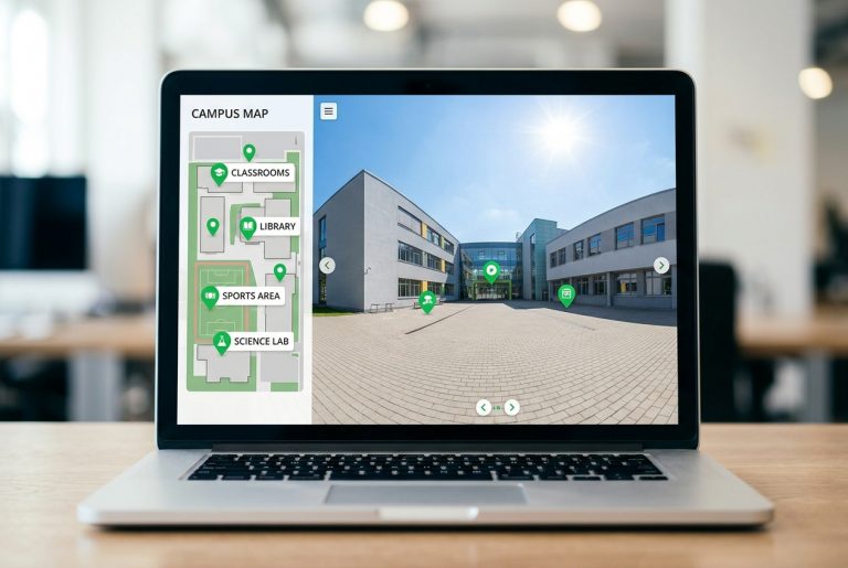 Laptop hiển thị tour 360° khuôn viên trường học kèm bản đồ campus