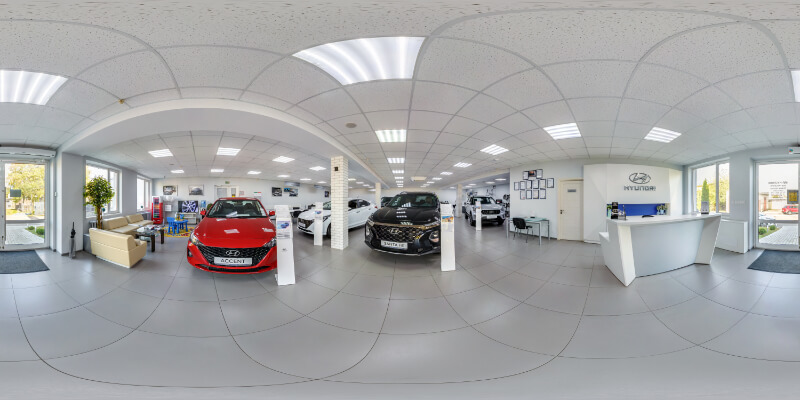 Showroom ô tô chụp toàn cảnh 360° với các mẫu xe trưng bày