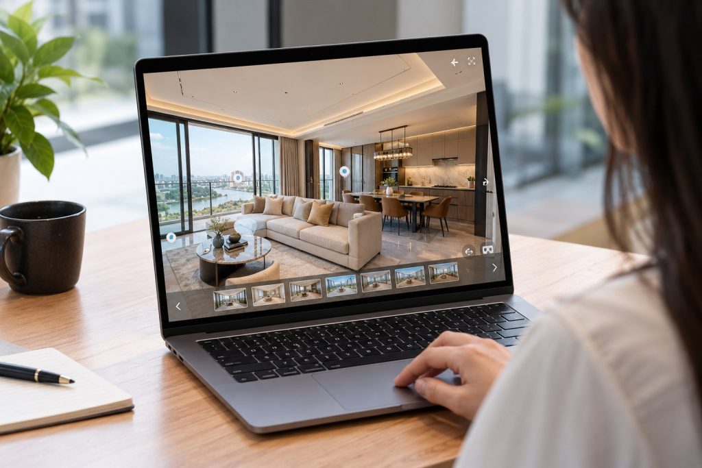 Virtual tour 360 căn hộ chạy trên laptop với dải ảnh scene, hotspot và nút toàn màn hình