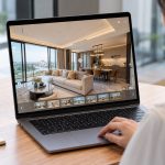 Virtual tour 360 căn hộ chạy trên laptop với dải ảnh scene, hotspot và nút toàn màn hình