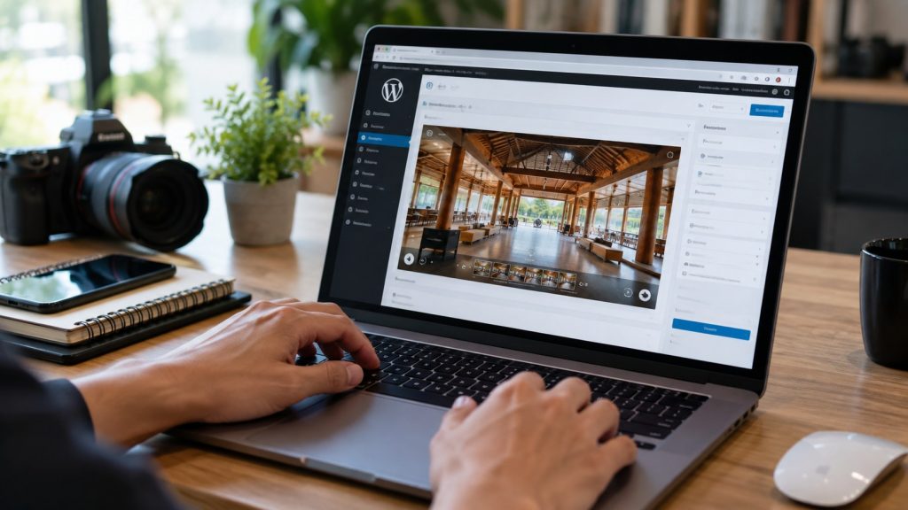 Laptop mở VR tour 360 một sảnh nhà gỗ trong trình quản trị website, bên cạnh máy ảnh và điện thoại