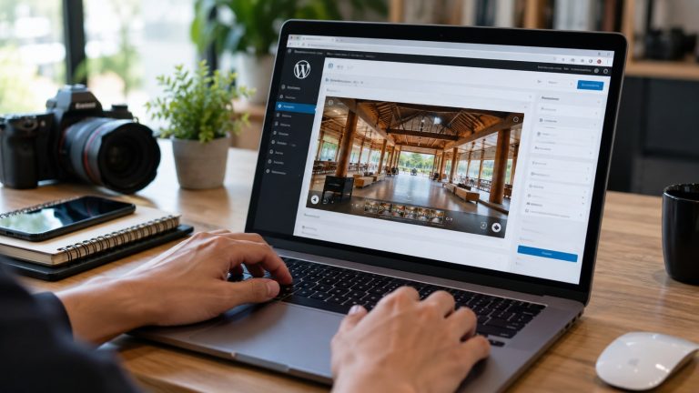 Laptop mở VR tour 360 một sảnh nhà gỗ trong trình quản trị website, bên cạnh máy ảnh và điện thoại
