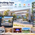 VR tour trường học mở trên laptop và điện thoại, có menu chọn khu, bản đồ campus và cảnh 360 cổng trường đại học