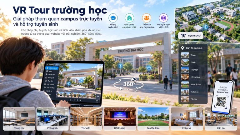 VR tour trường học mở trên laptop và điện thoại, có menu chọn khu, bản đồ campus và cảnh 360 cổng trường đại học