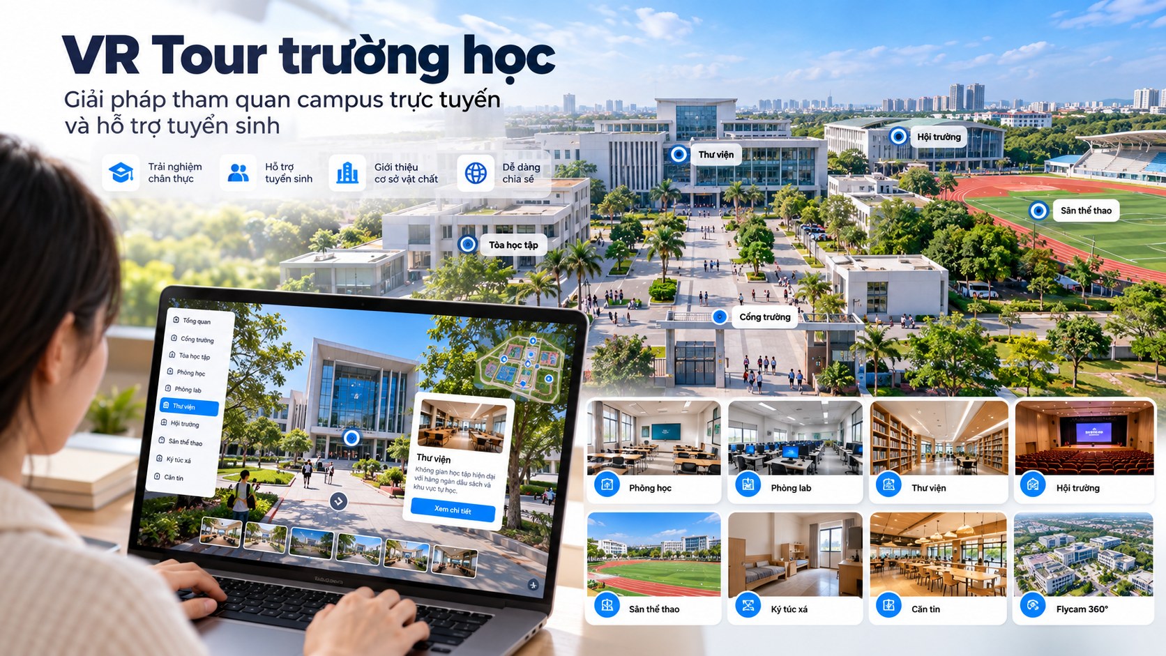 Bản đồ campus số hóa định vị các tòa nhà, giảng đường, thư viện và khu liên hợp thể thao
