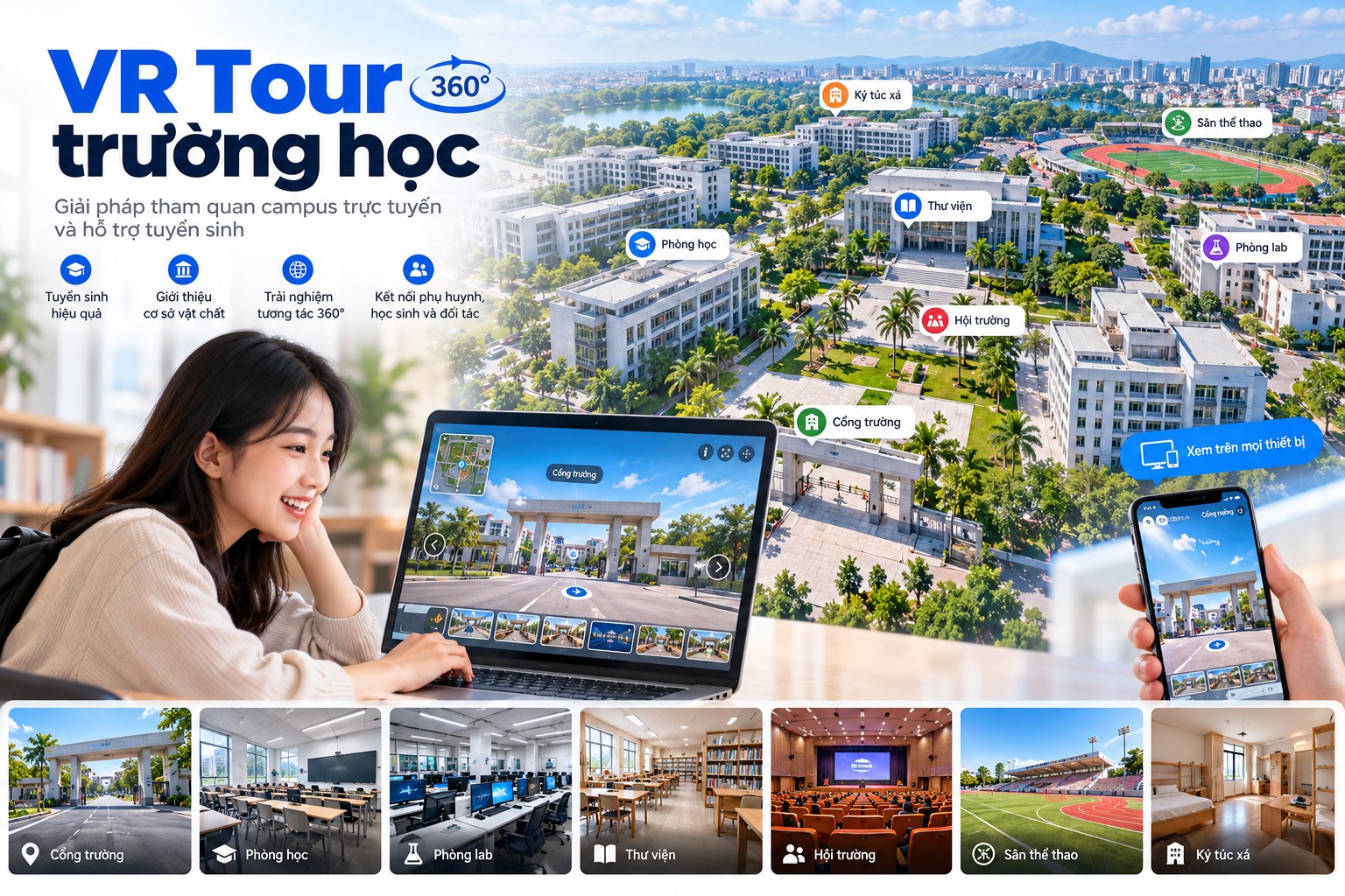 Ảnh Flycam 360 trên không bao quát toàn bộ diện tích campus trường đại học hiện đại