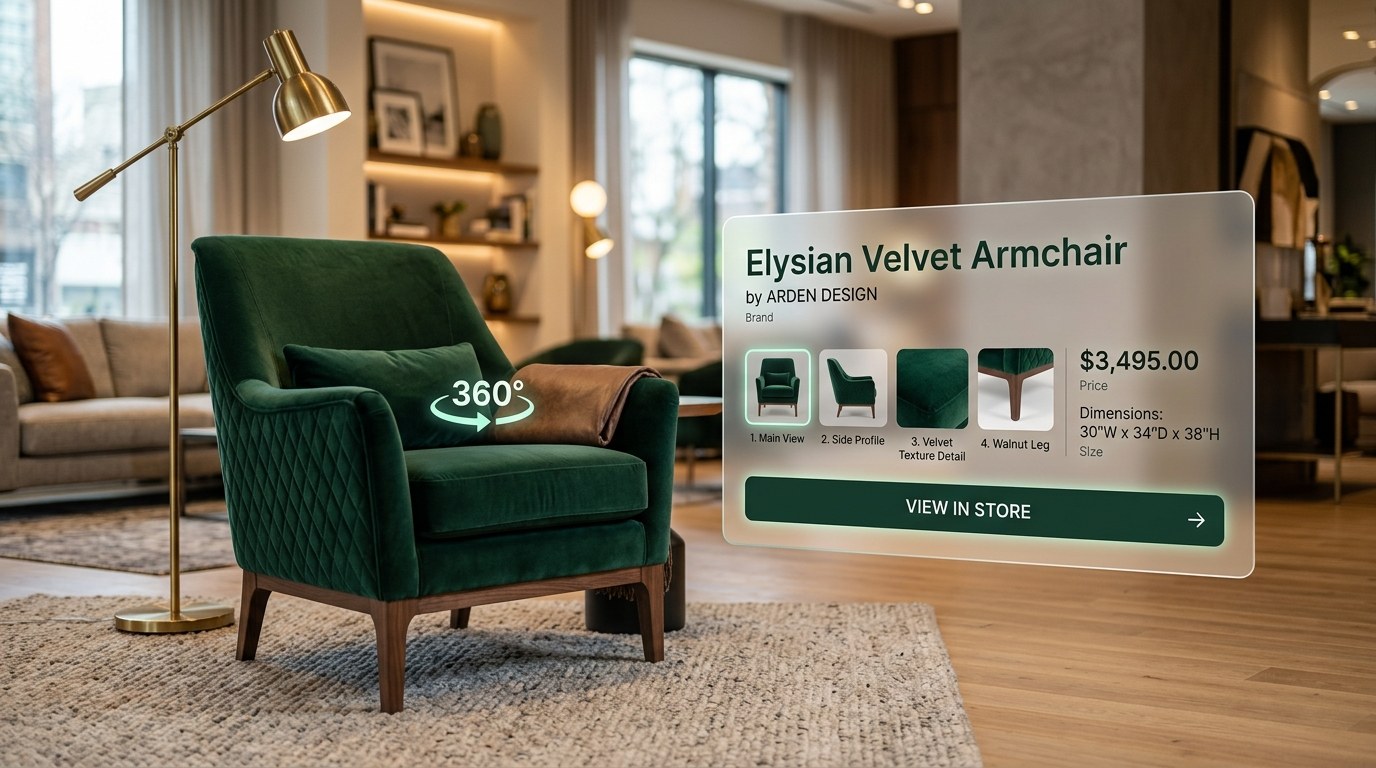 Điểm hotspot thông minh gắn trên sản phẩm trưng bày mở pop-up thông số kỹ thuật và hình ảnh chi tiết