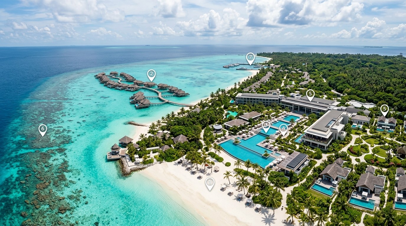 Không ảnh Flycam 360 độ bao quát toàn bộ khuôn viên resort biệt thự ven biển và hồ bơi ngoài trời