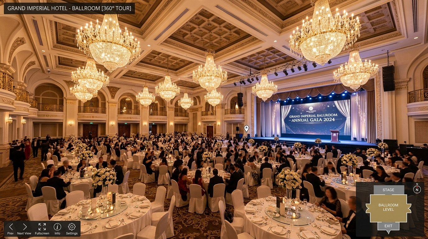 Không gian phòng tiệc Grand Ballroom khách sạn sang trọng với đèn chùm pha lê và sơ đồ sân khấu tương tác