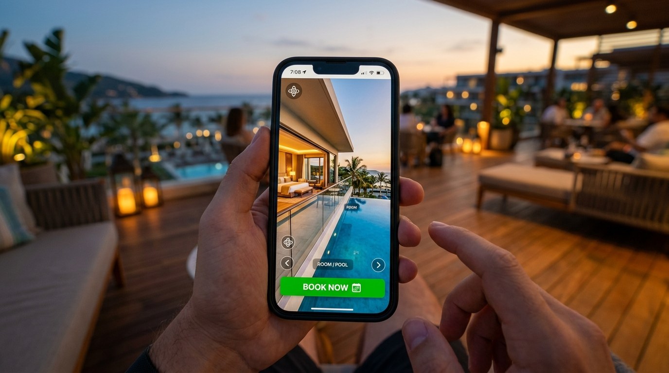 Điện thoại thông minh hiển thị tour 360 phòng khách sạn mượt mà kèm nút bấm Đặt phòng ngay Book Now