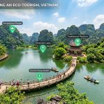 VR tour khu du lịch sinh thái: ảnh 360 hồ nước, cầu gỗ và thuyền, có hotspot điểm tham quan và la bàn