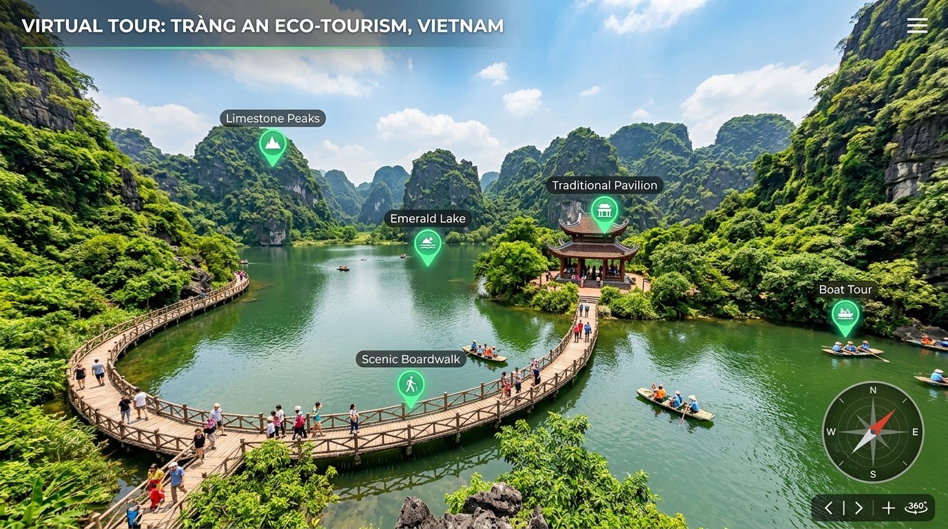 Giao diện VR Tour khu du lịch sinh thái Tràng An Ninh Bình với hồ nước xanh ngọc, cầu gỗ và các điểm chạm tương tác