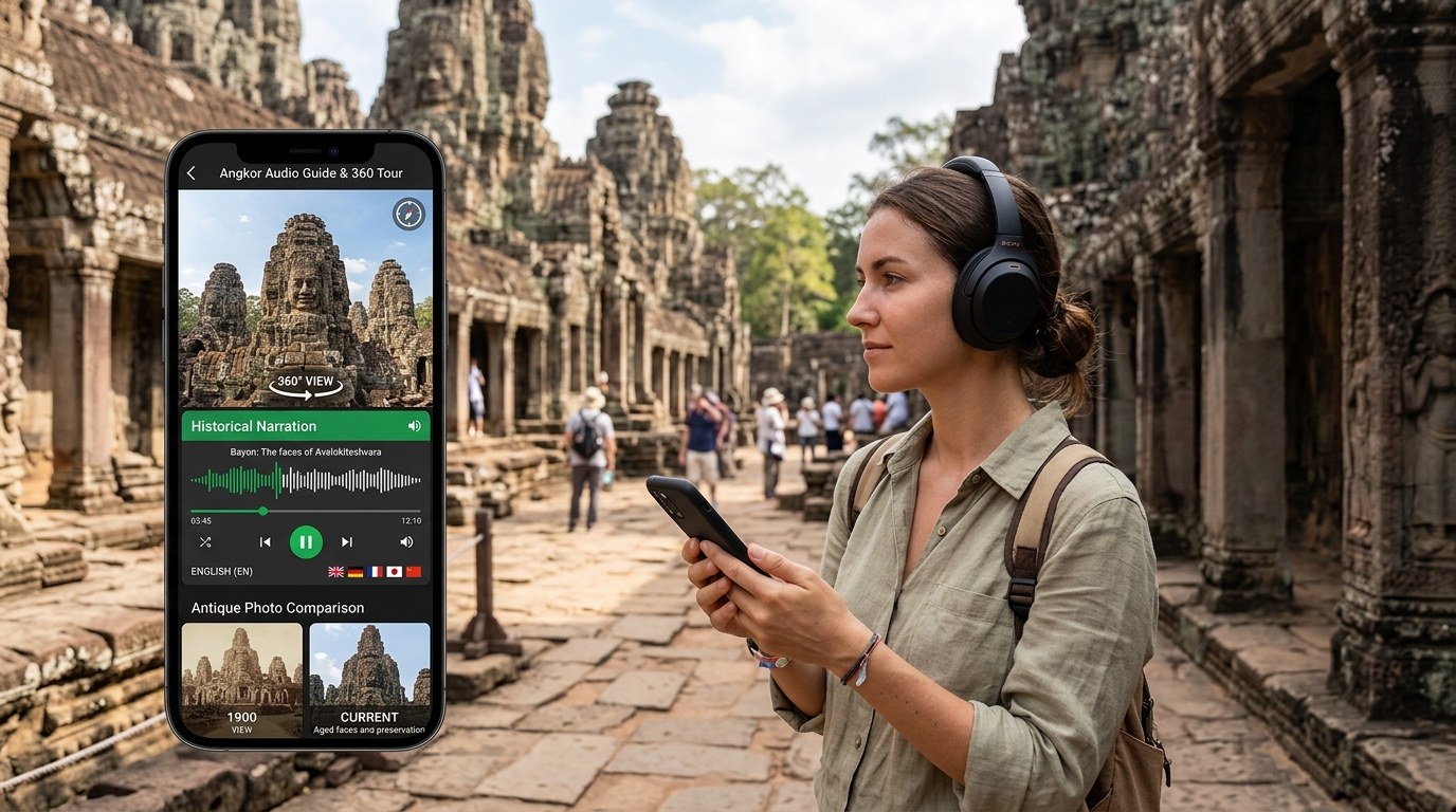Du khách đeo tai nghe trải nghiệm thuyết minh tự động Audio Guide đa ngôn ngữ trên điện thoại khi tham quan di tích