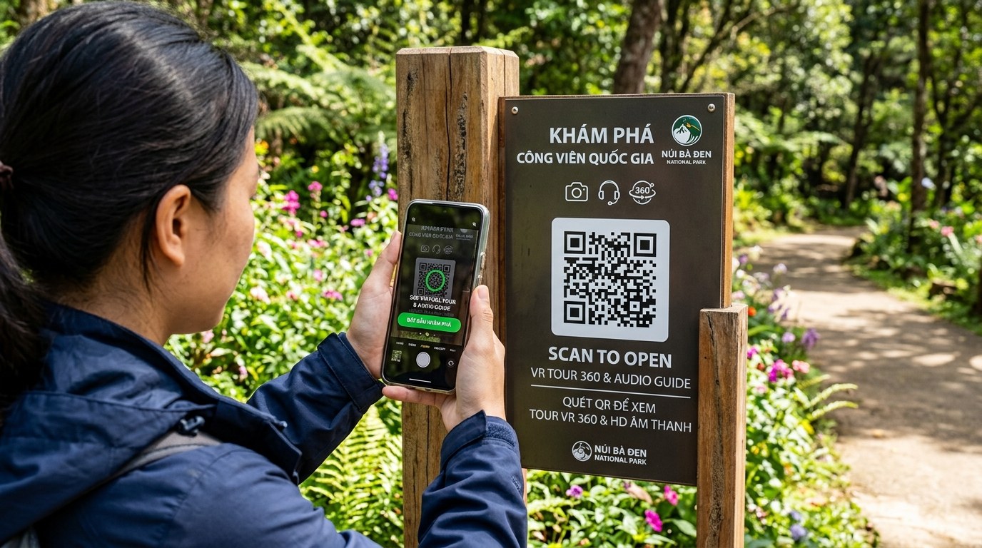 Du khách quét mã QR trên bảng chỉ dẫn công viên quốc gia để mở ngay tour 360 độ và hướng dẫn âm thanh trên smartphone