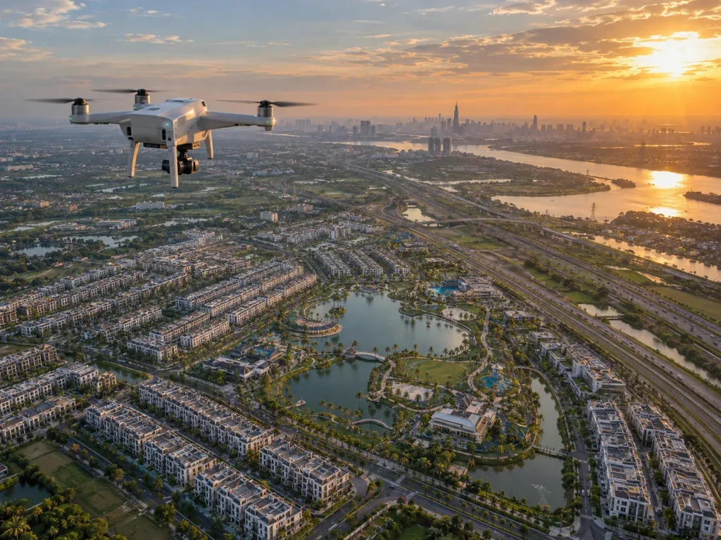 Flycam bay ở độ cao lớn trên khu đô thị