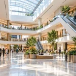 Atrium giếng trời thông tầng với thang cuốn và khách mua sắm, góc mở đầu cho virtual tour trung tâm thương mại