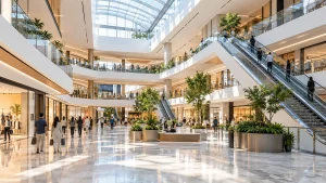 Atrium giếng trời thông tầng với thang cuốn và khách mua sắm, góc mở đầu cho virtual tour trung tâm thương mại