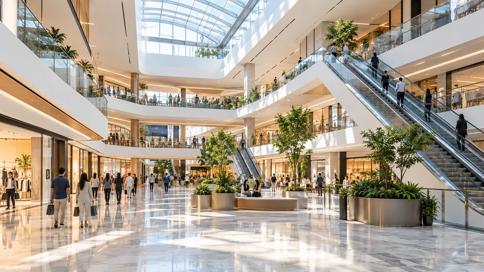 Atrium giếng trời thông tầng với thang cuốn và khách mua sắm, góc mở đầu cho virtual tour trung tâm thương mại