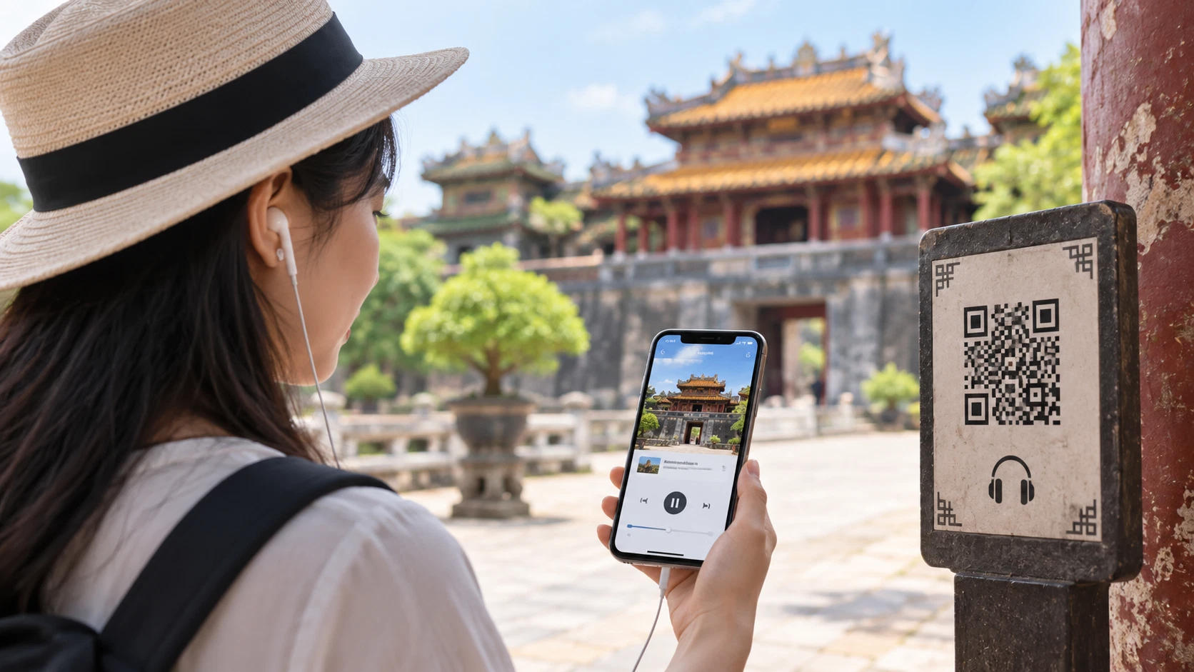 Du khách nghe thuyết minh Audio Guide tự động qua mã QR tại điểm di tích lịch sử