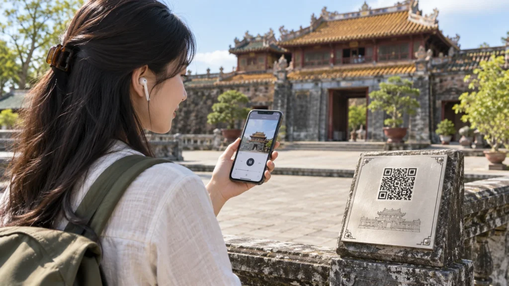 Du khách đeo tai nghe nghe audio guide di tích qua điện thoại cạnh biển mã QR khắc trên bệ đá