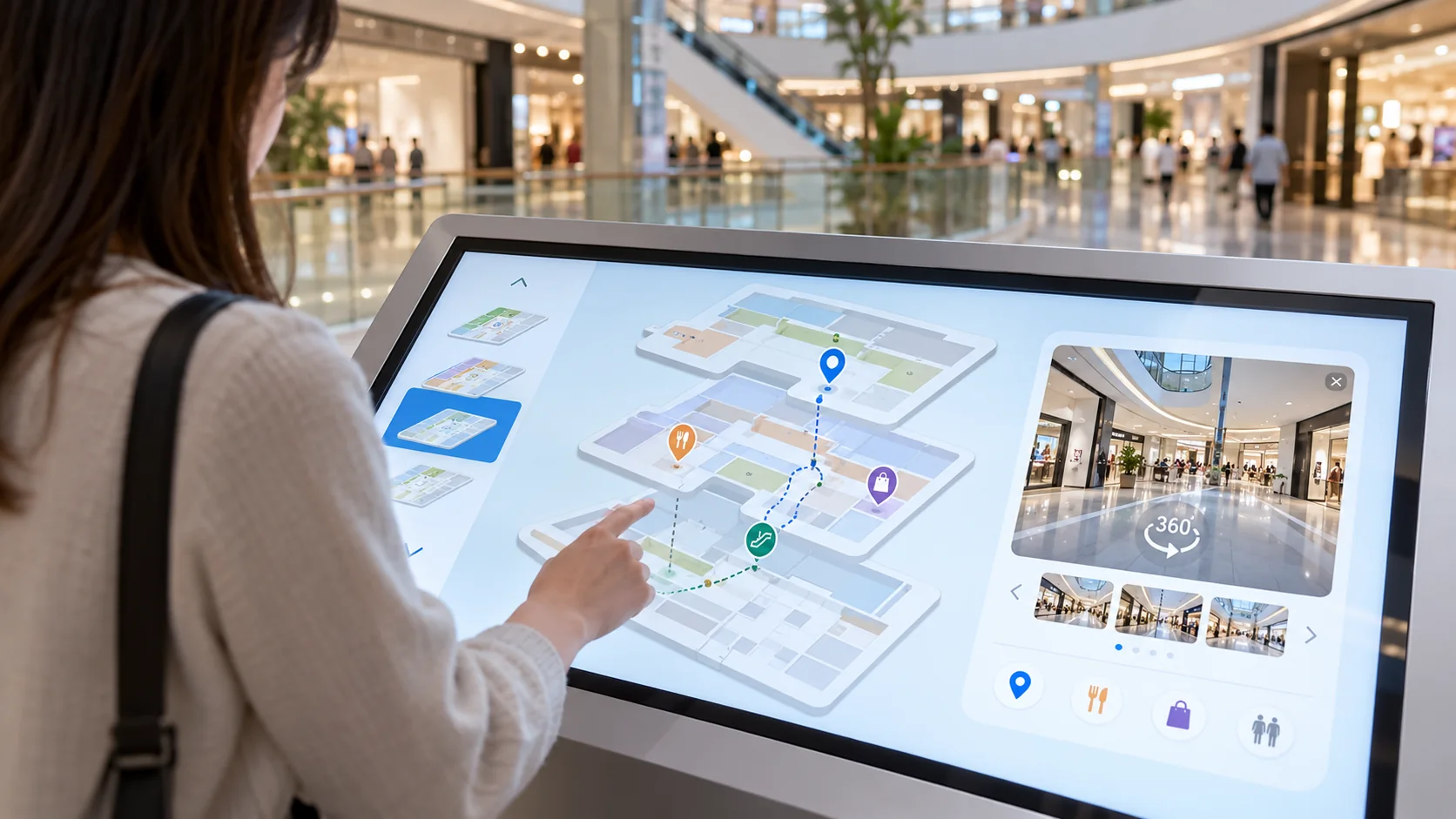 Khách chạm màn hình bản đồ phân tầng mall, có đường chỉ dẫn tới gian hàng và khung xem trước ảnh 360