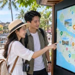 Du khách chỉ tay vào màn hình bản đồ số du lịch đặt ở bờ sông phố cổ, nhiều điểm ghim màu kèm ảnh danh thắng