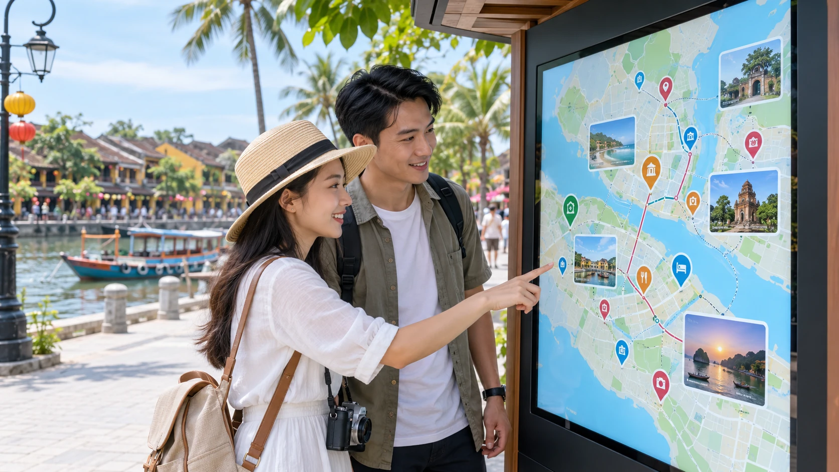Du khách chỉ tay vào màn hình bản đồ số du lịch đặt ở bờ sông phố cổ, nhiều điểm ghim màu kèm ảnh danh thắng