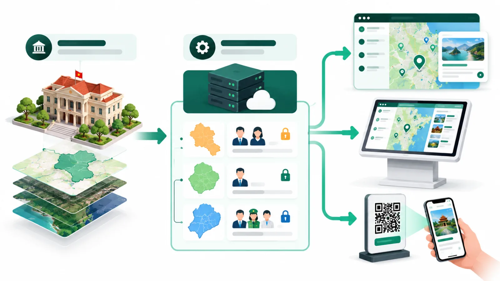 Sơ đồ luồng dữ liệu bản đồ số hành chính: cơ quan chuyên môn, CMS phân quyền theo cấp, rồi web, kiosk và mã QR