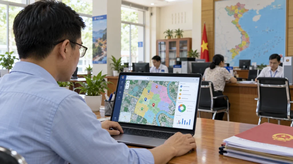 Cán bộ xem bản đồ số hành chính trên laptop, ranh giới xã phường tô màu và các điểm trụ sở