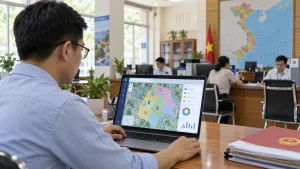 Cán bộ xem bản đồ số hành chính trên laptop, ranh giới xã phường tô màu và các điểm trụ sở