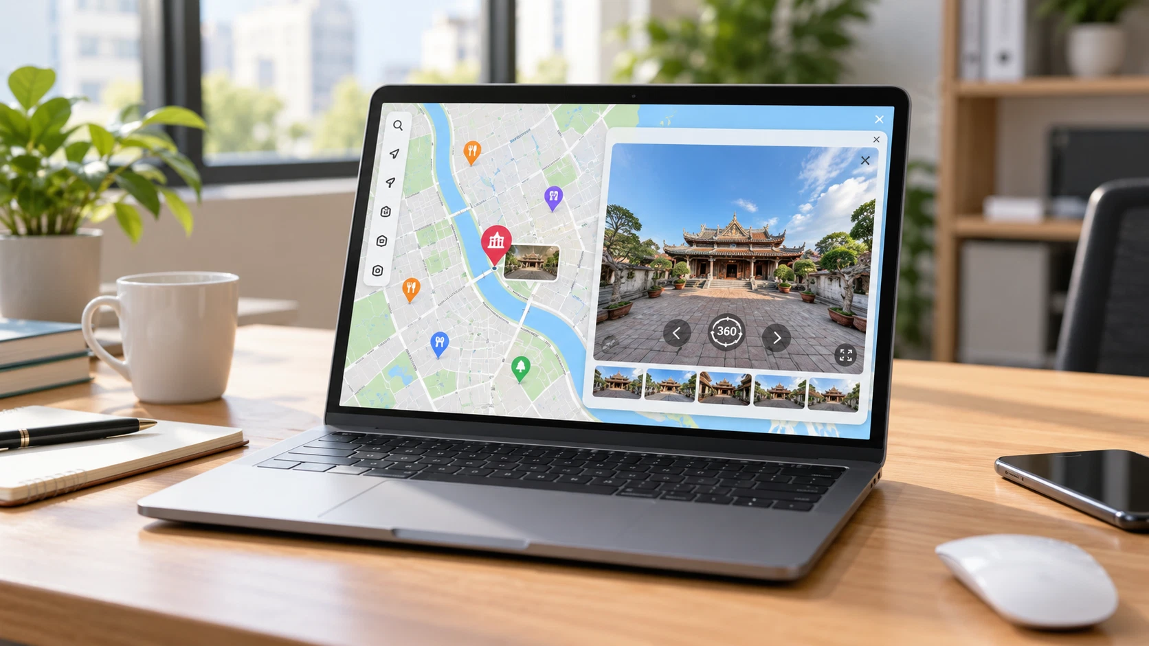 Giao diện bản đồ số VR360 kết hợp định vị không gian và trải nghiệm thực tế ảo toàn cảnh đa chiều
