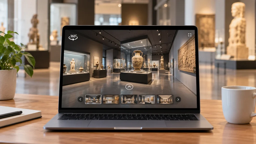 Bảo tàng ảo trên laptop: phòng trưng bày panorama 360 với tủ kính cổ vật và dải ảnh chuyển phòng bên dưới