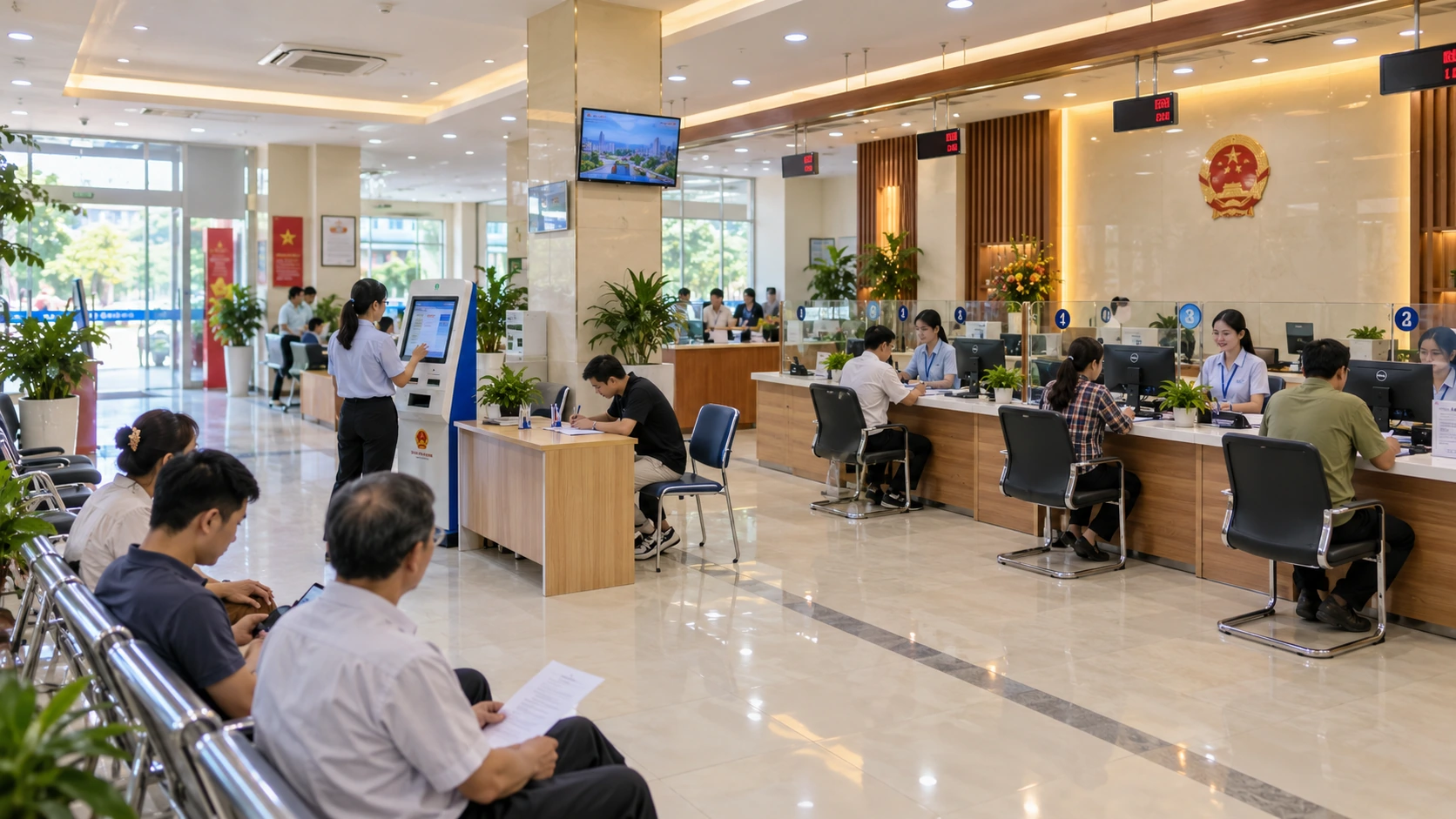 Bộ phận tiếp nhận và trả kết quả Một cửa với dãy quầy đánh số, máy lấy số và bàn viết đơn