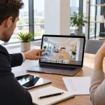 Hai người cùng xem tour 360 căn hộ trên laptop, bên cạnh là bảng checklist chọn đơn vị làm VR tour