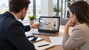 Hai người cùng xem tour 360 căn hộ trên laptop, bên cạnh là bảng checklist chọn đơn vị làm VR tour