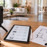 Camera 360 trên chân máy mini, máy tính bảng hiển thị checklist chuẩn bị chụp virtual tour 360 và bản vẽ mặt bằng